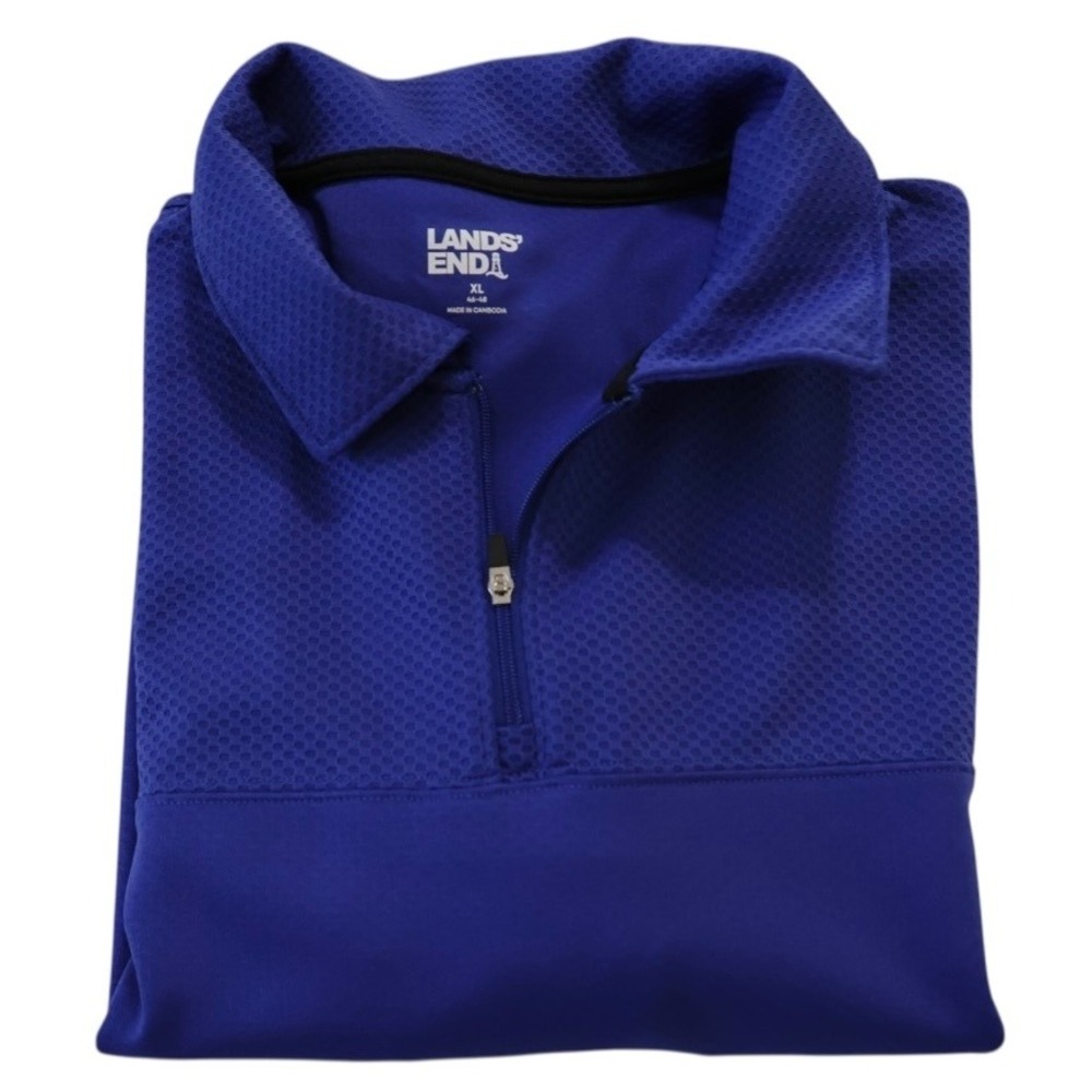 Lands End Mens XL Blue Quarter‎ Zip Performance Mesh Polo Shirt Short Sleeve